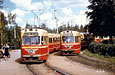 Поїзди КТМ-1/КТП-1 #534-584 20-го маршруту та #526-576 5-го маршруту на кінцевій станції "Міськпарк"